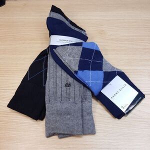 PERRY ELLIS Crew Dress Socks Black Blue Gray 3-Pack Stripe Diamond Argyle